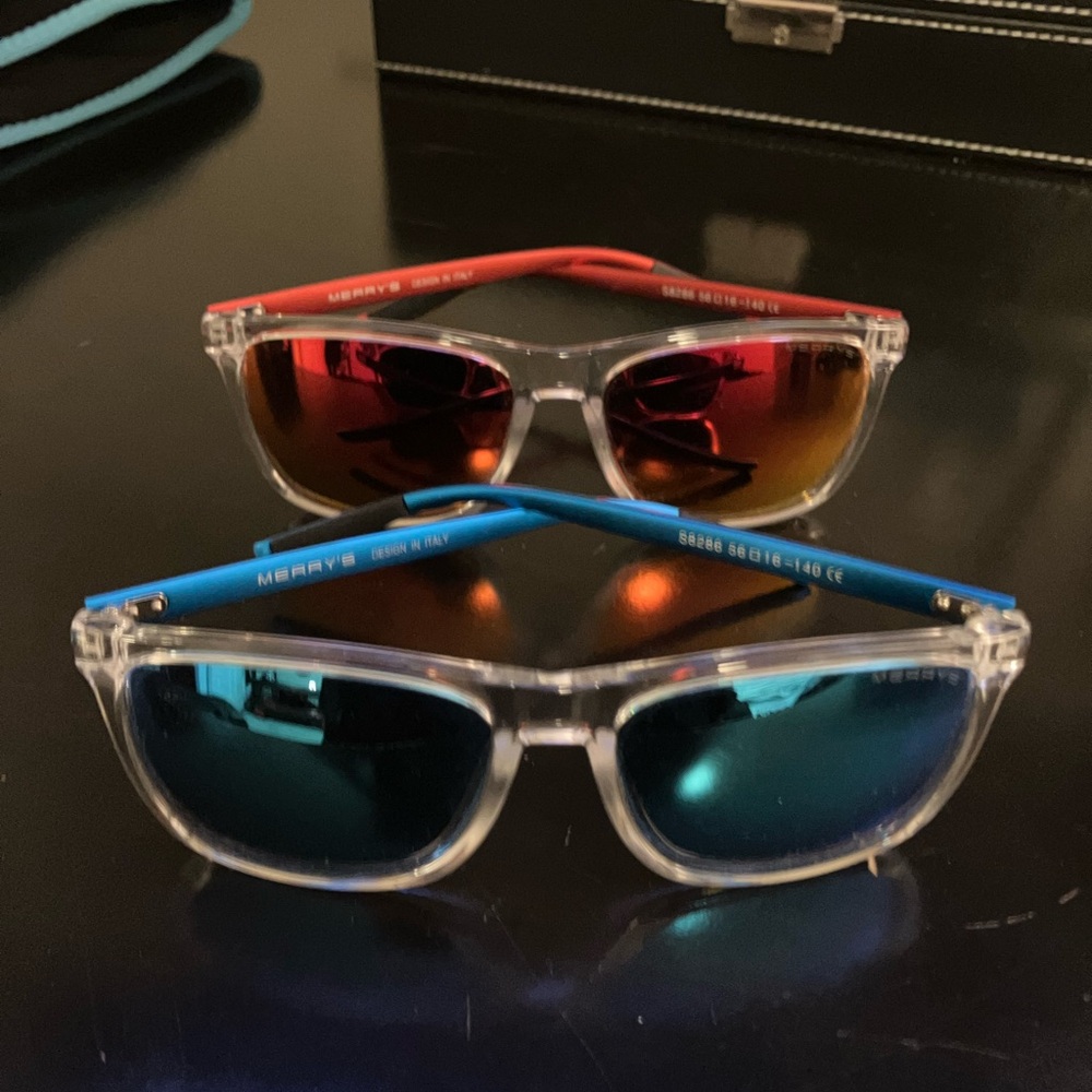 Merry's Clear Frame Sunglasses with Blue and Red Temples - Polarized Lenses